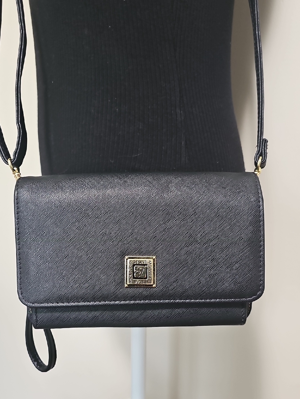 Stone Mountain Accessories Black Crossbody Bag with Gold Logo